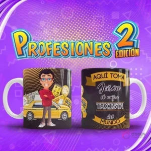 Taza para sublimar con ilustración de Taxista 'Jeison' y taxi amarillo, del pack Profesiones El Mejor Volumen 2