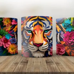 Tres ángulos de una taza con un diseño de tigre 3D de estilo paper-cut, destacando sus rayas y flores en colores vivos sobre un fondo oscuro.