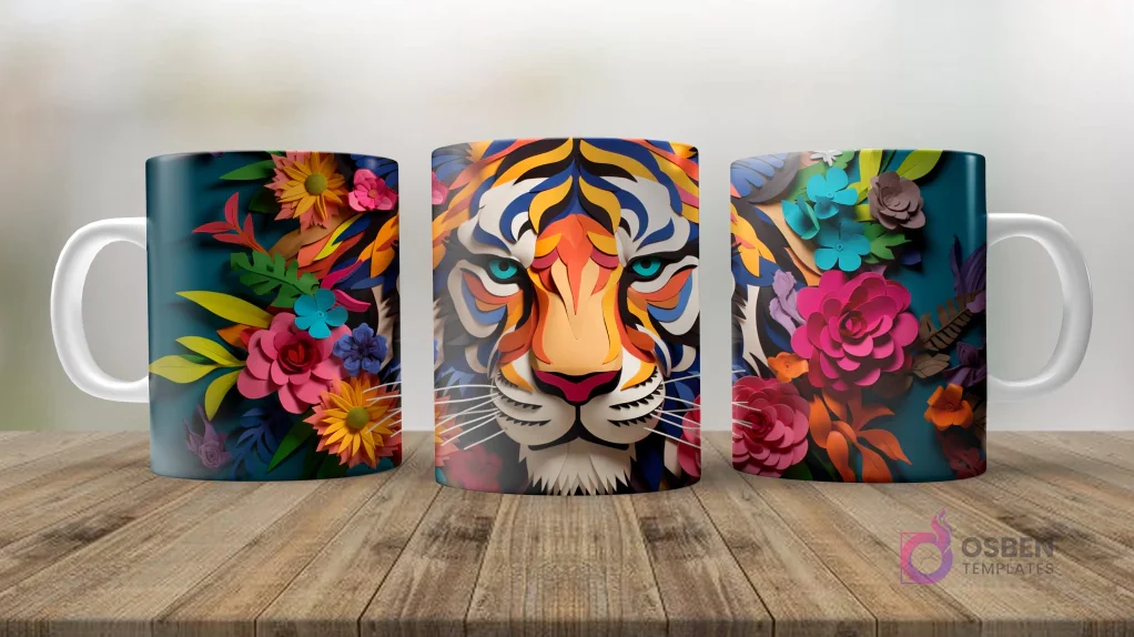 Tres ángulos de una taza con un diseño de tigre 3D de estilo paper-cut, destacando sus rayas y flores en colores vivos sobre un fondo oscuro. Tres ángulos de una taza con un diseño de tigre 3D de estilo paper-cut, destacando sus rayas y flores en colores vivos sobre un fondo oscuro.