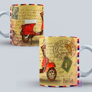 Taza con diseño de estilo postal vintage, mostrando una motoneta Vespa roja clásica y sellos postales antiguos sobre fondo de texto.