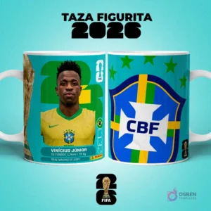 Mockup de dos tazas sublimadas con diseño del jugador Vinícius Júnior de Brasil estilo figurita y escudo de la Selección Brasileña de Fútbol para el Mundial 2026.