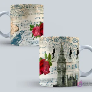 Taza con diseño de partitura musical vintage, flores, pájaros, y siluetas en bicicleta con el Big Ben de Londres al fondo.