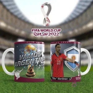 Plantilla sublimación taza Argentina Dibu Martínez Qatar 2022 atajando con escudo