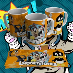 Tres tazas blancas con diseño de sublimación del Pato Lucas en varias poses y un grupo de Looney Tunes con el logo, sobre un fondo naranja. Incluye lámina plana del diseño.