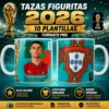 Mockup de dos tazas sublimadas con diseño de Cristiano Ronaldo de Portugal para el Mundial 2026 estilo figurita y el trofeo de la Copa FIFA. Pack 10 plantillas PNG.