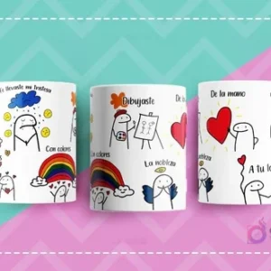 Tazas blancas con diseños de Flork Vol. 3: frases de amor y superación como 'Te llevaste mi tristeza con flores y colores', 'De la mano', 'A tu lado'.