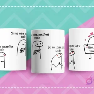 Tazas Flork con frases románticas y divertidas de canciones: 'Si me miras mientras canto que me encantas tanto' y 'Niña, tú me tienes loco'.