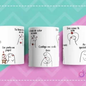 Tazas Flork con diseños románticos y creativos: 'Tú eres pincel que pinta mi papel', 'Tú llenas de color mi vida', 'Eres como te soñé'.
