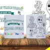 Tazas blancas sublimadas con diseño de Forky (Toy Story) y frase 'Hoy se vale todo lo que te haga feliz', mostrando plantillas infantiles para pintar.