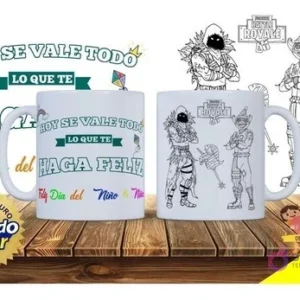 Par de tazas blancas sublimadas con diseños para colorear de personajes de Fortnite y la frase 'Hoy se vale todo lo que te haga feliz'.
