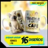 Mockup de dos tazas sublimadas con diseños de gatitos y girasoles, resaltando texto 'ENVÍO INMEDIATO' y '16 DISEÑOS PNG'.