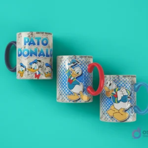 Tres tazas sublimadas con diseños clásicos del Pato Donald: una con el nombre 'Pato Donald' y sus sobrinos, otra con Donald saliendo de un recuadro y una tercera con Donald en una expresión de sorpresa, todas sobre un fondo turquesa.