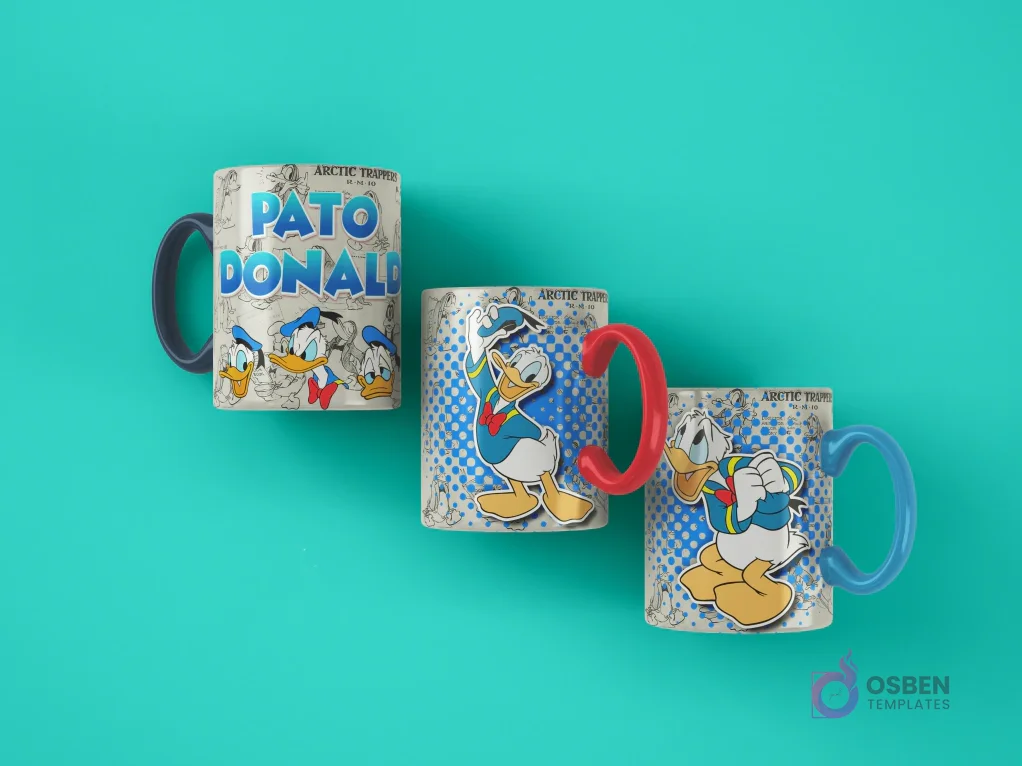 Tres tazas sublimadas con diseños clásicos del Pato Donald: una con el nombre 'Pato Donald' y sus sobrinos, otra con Donald saliendo de un recuadro y una tercera con Donald en una expresión de sorpresa, todas sobre un fondo turquesa. Tres tazas sublimadas con diseños clásicos del Pato Donald: una con el nombre 'Pato Donald' y sus sobrinos, otra con Donald saliendo de un recuadro y una tercera con Donald en una expresión de sorpresa, todas sobre un fondo turquesa.