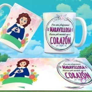Dos tazas de sublimación con diseños de educadoras de párvulos, una con ilustración de maestra y otra con frase 'Eres una profesional maravillosa, gracias por enseñar con el corazón', y una plantilla impresa.
