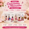 Muestra de diseños de sublimación para tazas con ilustraciones de mujeres en momentos cotidianos y frases inspiradoras de canciones. Se ven dos tazas blancas con mujeres bailando, llorando, siendo superheroínas y disfrutando el amanecer. Ideal para sublimar.