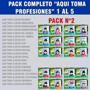 Colección de diseños 'Aquí Toma' para tazas personalizadas de profesiones y roles, Pack N°2: Mecánico, Manicurista, Administrador, Ingeniero Químico, Chef, Abogado, Esposo, Novio, Gendarme y Enfermero.