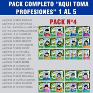 Visualización de diseños 'Aquí Toma' para tazas de profesiones del Pack N°4: Psicólogo, Trabajador Social, Matrona, Sacerdote, Vendedor, Cliente, Ingeniero Civil, Militar, Economista, Explorador y Repostero.