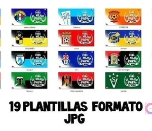 Muestra visual de las 19 plantillas JPG para sublimar tazas del Día del Padre, exhibiendo diseños de los logos de diversos equipos de fútbol chileno como Antofagasta, Audax Italiano, Católica, Cobreloa, Colo Colo, Coquimbo, Curicó Unido, Everton, Huachipato, Iquique, La Serena, Ñublense, O'Higgins, Palestino, Rangers, Santiago Wanderers, Temuco, Unión Española y Universidad de Chile.