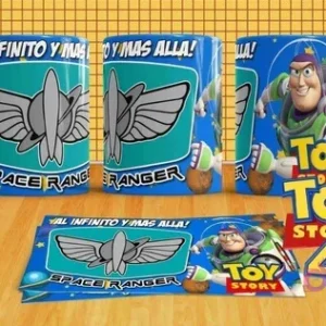 Mockup de tres tazas sublimadas con Buzz Lightyear, el logo Space Ranger y la frase 'Al infinito y más allá!'