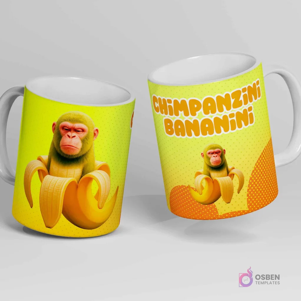 Taza blanca con diseño de un chimpancé con un plátano gigante a medio pelar, junto al texto 'CHIMPANZINI BANANINI' sobre un fondo amarillo con puntos. Taza blanca con diseño de un chimpancé con un plátano gigante a medio pelar, junto al texto 'CHIMPANZINI BANANINI' sobre un fondo amarillo con puntos.