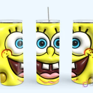 Plantilla de tumbler con diseño 3D inflado de la cara de Bob Esponja en un vibrante color amarillo.