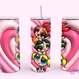 Plantilla de tumbler con diseño 3D inflado de las Chicas Superpoderosas (Bombón, Burbuja y Bellota) apiladas, sobre un fondo de corazones rosas.