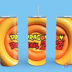 Plantilla de tumbler con diseño 3D inflado del logo de Dragon Ball Z (símbolo de Goku) en un fondo naranja y espiralado.