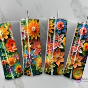 Plantilla de tumbler con diseño 3D inflado de coloridas flores abstractas y elementos en capas sobre un fondo verde oscuro.