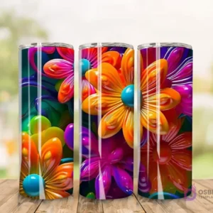 Plantilla de tumbler con diseño 3D inflado de grandes flores abstractas en tonos naranja, fucsia y azul con un fondo oscuro.