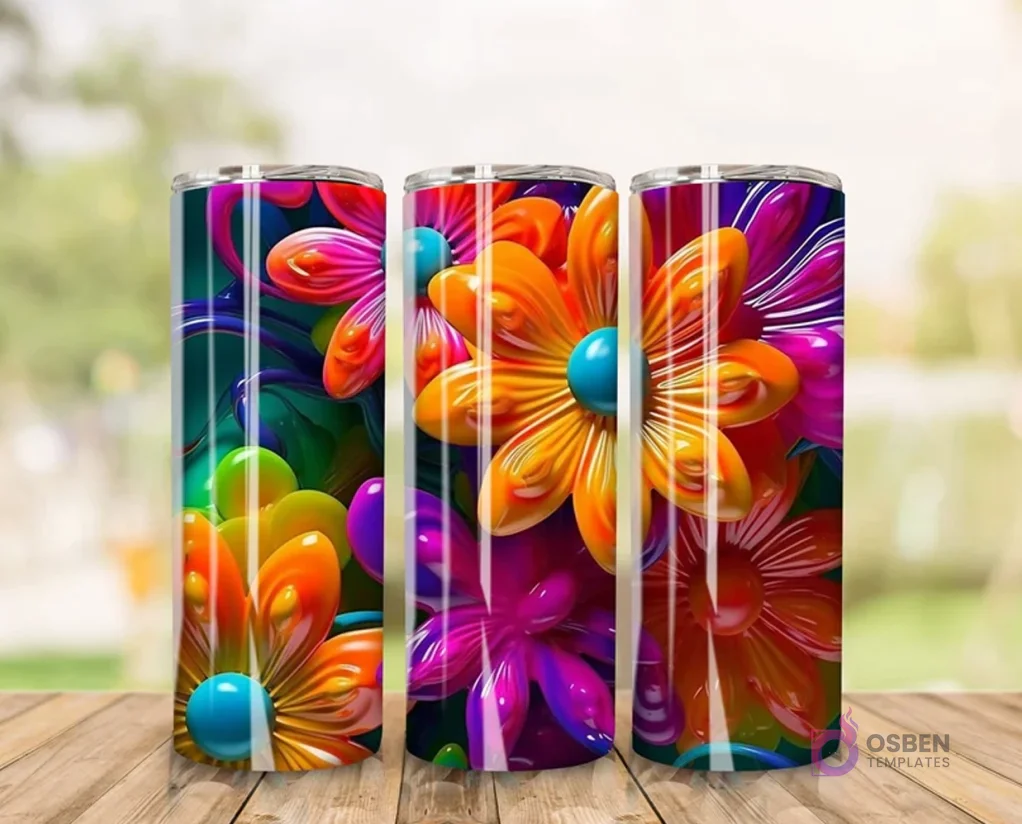 Plantilla de tumbler con diseño 3D inflado de grandes flores abstractas en tonos naranja, fucsia y azul con un fondo oscuro. Plantilla de tumbler con diseño 3D inflado de grandes flores abstractas en tonos naranja, fucsia y azul con un fondo oscuro.