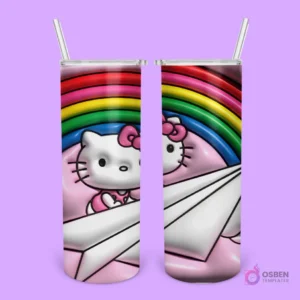 Plantilla de tumbler con diseño 3D inflado de Hello Kitty con un arcoíris y un avión de papel en un fondo rosa pastel.