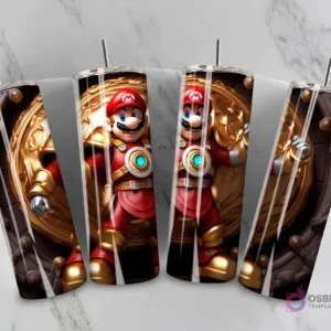 Plantilla de tumbler con diseño 3D inflado de Mario Bros en un traje de armadura rojo y dorado, con un fondo ornamentado.