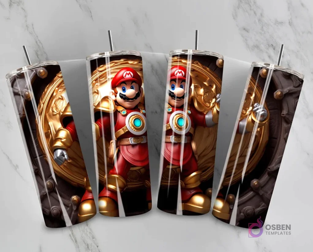 Plantilla de tumbler con diseño 3D inflado de Mario Bros en un traje de armadura rojo y dorado, con un fondo ornamentado. Plantilla de tumbler con diseño 3D inflado de Mario Bros en un traje de armadura rojo y dorado, con un fondo ornamentado.