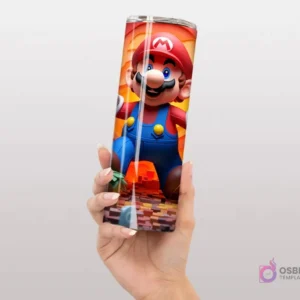 Plantilla de tumbler con diseño 3D inflado de Mario Bros saltando, con un fondo de bloques del videojuego.
