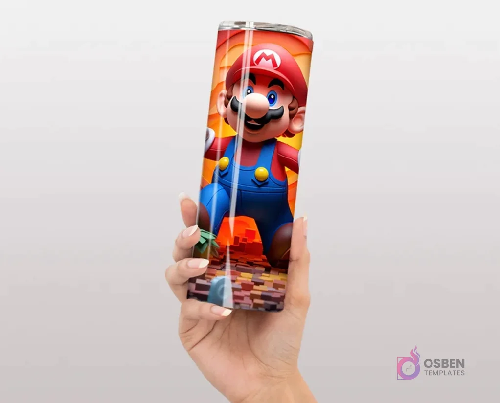 Plantilla de tumbler con diseño 3D inflado de Mario Bros saltando, con un fondo de bloques del videojuego. Plantilla de tumbler con diseño 3D inflado de Mario Bros saltando, con un fondo de bloques del videojuego.