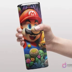 Plantilla de tumbler con diseño 3D inflado de Mario Bros en un exuberante paisaje de jungla con plantas y flores.