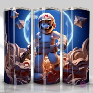 Plantilla de tumbler con diseño 3D inflado de Mario Bros en un traje futurista blanco y plateado, con un arma y una luna llena de fondo.