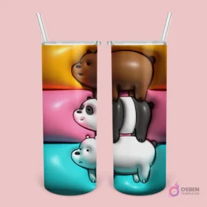 Plantilla de tumbler con diseño 3D inflado de los Osos Escandalosos (Pardo, Panda, Polar) apilados sobre un fondo de colores pastel.