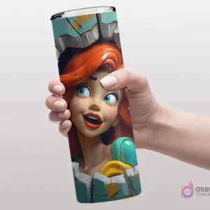Plantilla de tumbler con diseño 3D inflado de la Princesa Ariel de La Sirenita, con su icónico cabello rojo y burbujas.