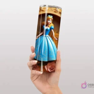 Plantilla de tumbler con diseño 3D inflado de la Princesa Cenicienta, con su vestido azul, un castillo de fondo y rosas.