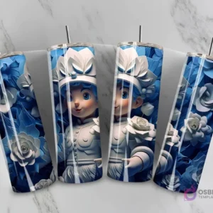 Plantilla de tumbler con diseño 3D inflado de una princesa guerrera fantástica con cabello azul y flores blancas.