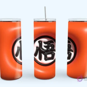 Plantilla de tumbler con diseño 3D inflado del símbolo de Goku de Dragon Ball Z en un fondo naranja liso.