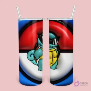 Plantilla de tumbler con diseño 3D inflado de Squirtle de Pokémon con gafas de sol sobre una Poké Ball gigante.