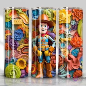 Plantilla de tumbler con diseño 3D inflado de Woody de Toy Story, rodeado de elementos abstractos y coloridos.