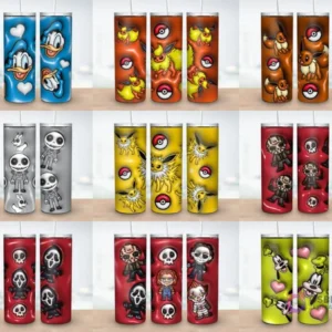Colección de 9 plantillas de tumblers con diseños 3D inflados de Donald Duck, Pokémon (Pikachu, Eevee), Jack Skellington, personajes de terror (Jason, Ghostface, Michael Myers) y Goofy.