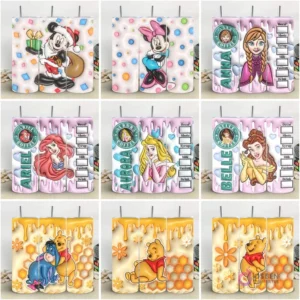 Colección de 9 plantillas de tumblers con diseños 3D inflados de Mickey, Minnie, Anna, Ariel, Aurora, Belle y personajes de Winnie Pooh (Pooh, Eeyore, Piglet, Tigger) con parodias de Starbucks.