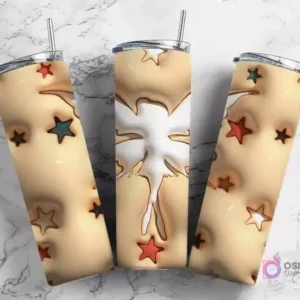 Plantillas de tumblers con diseño 3D inflado de estrellas coloridas sobre un fondo beige, con una forma central inflada.