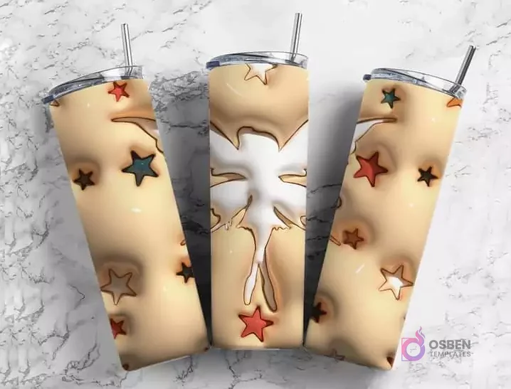 Plantillas de tumblers con diseño 3D inflado de estrellas coloridas sobre un fondo beige, con una forma central inflada. Plantillas de tumblers con diseño 3D inflado de estrellas coloridas sobre un fondo beige, con una forma central inflada.