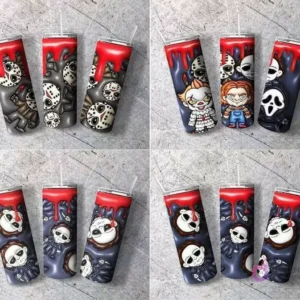 Colección de 4 sets de tumblers con diseños 3D inflados de personajes de terror como Jason Voorhees, Pennywise, Chucky, Ghostface y Michael Myers, algunos con sangre goteando.