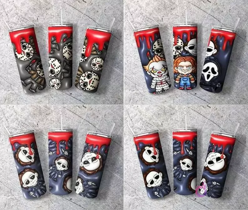 Colección de 4 sets de tumblers con diseños 3D inflados de personajes de terror como Jason Voorhees, Pennywise, Chucky, Ghostface y Michael Myers, algunos con sangre goteando. Colección de 4 sets de tumblers con diseños 3D inflados de personajes de terror como Jason Voorhees, Pennywise, Chucky, Ghostface y Michael Myers, algunos con sangre goteando.